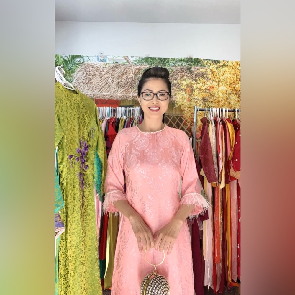 Ao dai Ha Nam cách Tân suông, Vietnamese modern long dress set m 2 pink tho doi